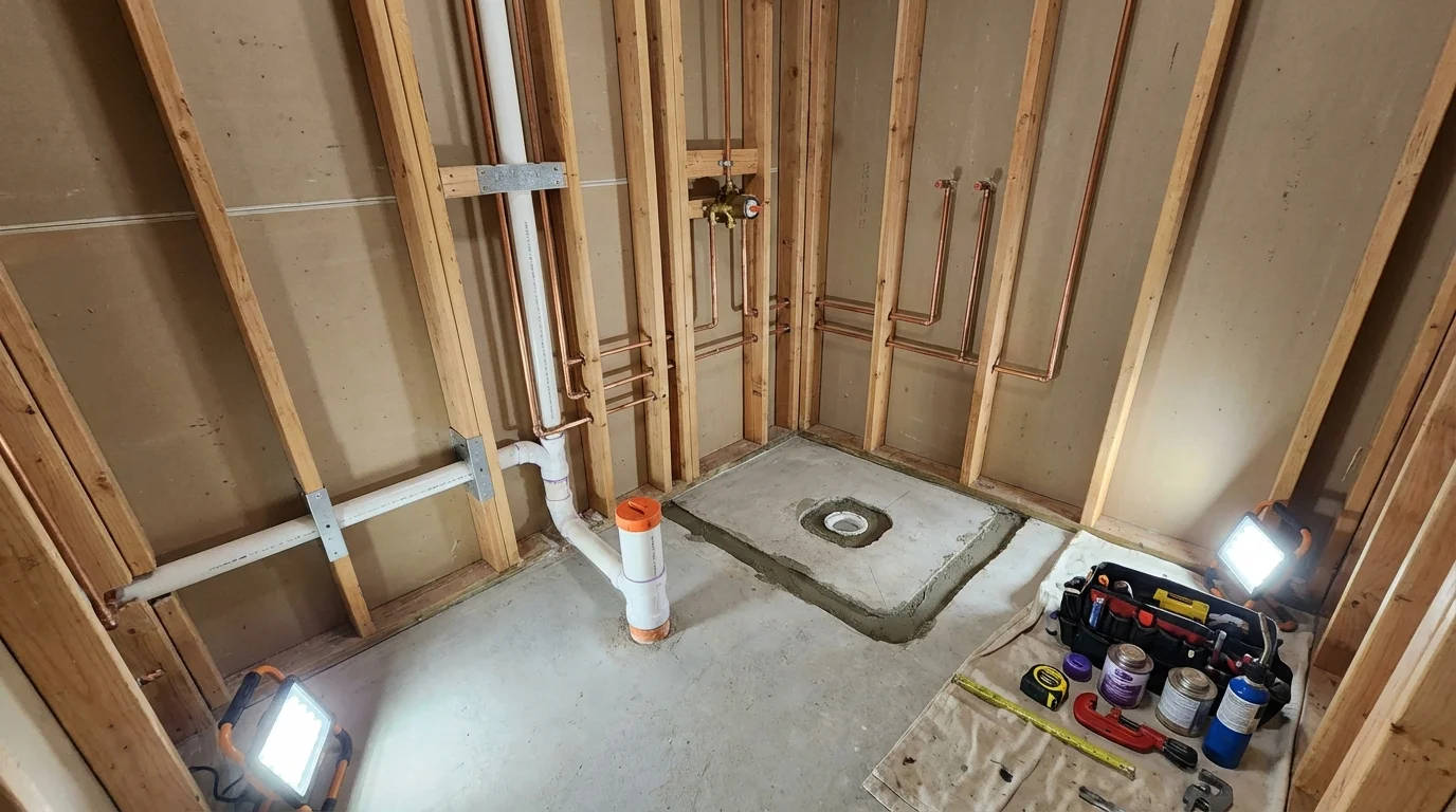 Bathroom rough-in plumbing during remodel by Johns Plumbing LLC in Murfreesboro