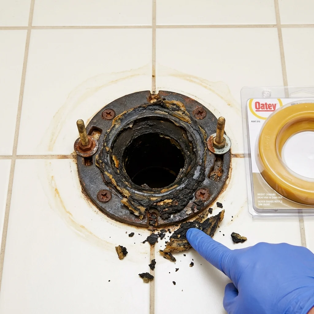 Failed wax ring showing water seepage at the base of a toilet in a Murfreesboro, AR home