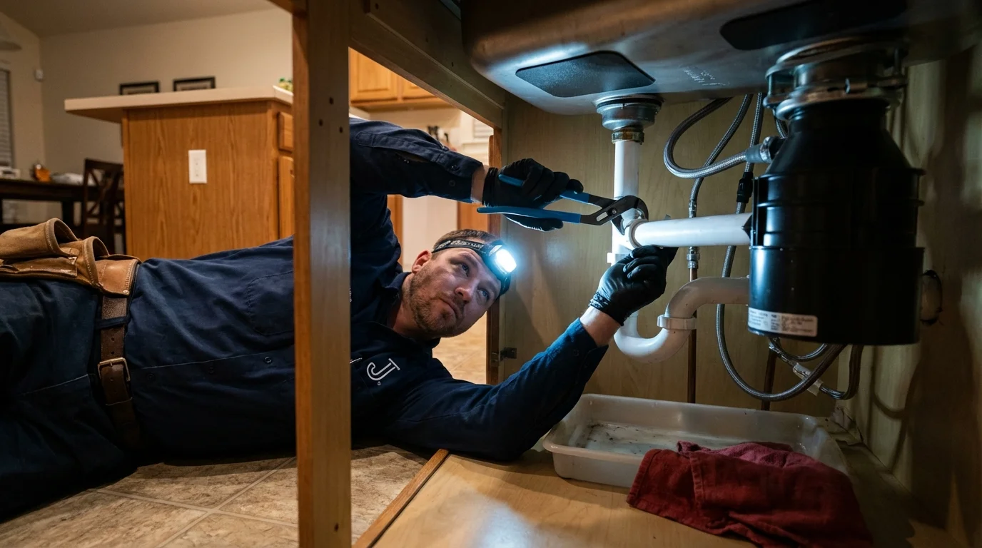 P-trap and supply line connections under a kitchen sink showing a common leak point in Murfreesboro, AR